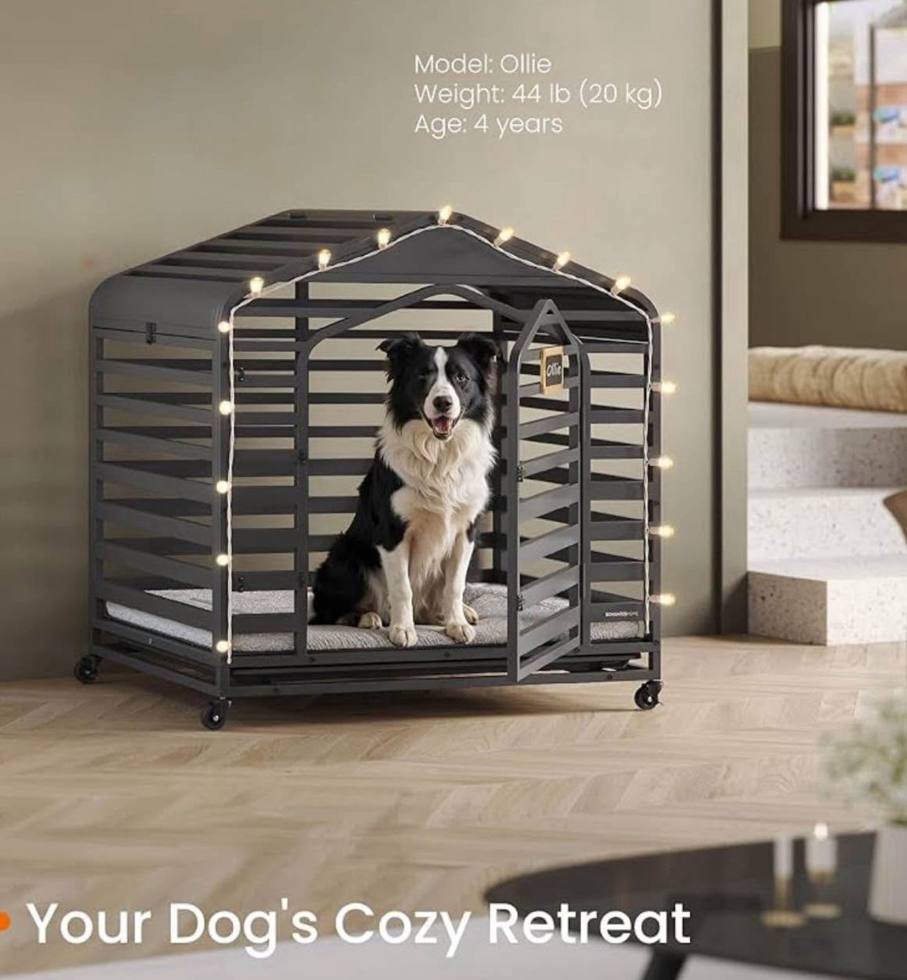 HOME Heavy-Duty Dog Crate, XL Dog Cage for Large Dogs, Escape Proof Dog Kennel with Pointed Roof, Removable Tray, Lockable Wheels, 3 Doors, 37.4 x 26.