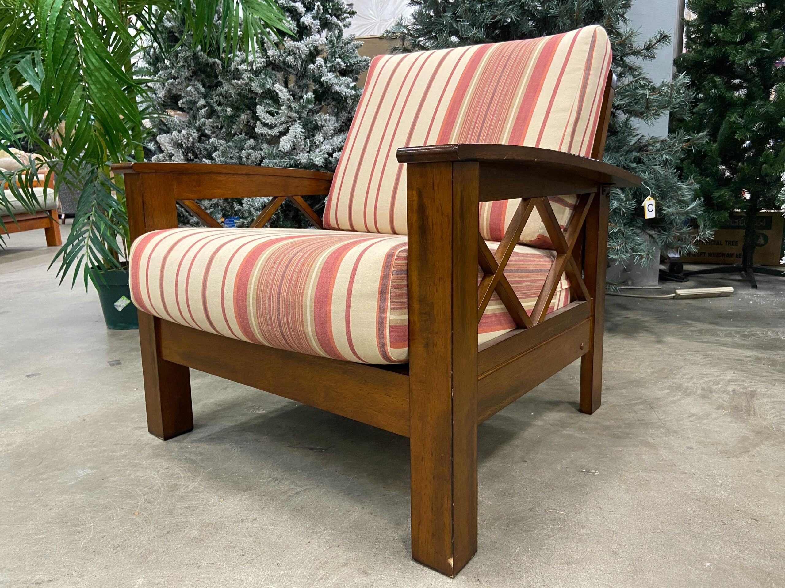 Dark Wood Mission Style Armchair with Warm Toned Striped Cushion