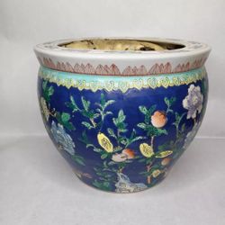 Vintage Chinese Koi Fish Porcelain Jardiniere Blue with Floral Fish Bowl