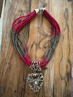Fuchsia And Silvertone And Rhinestone Necklace