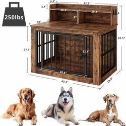 🥨IRONCK Extra Large Dog Crate Furniture, 43.3 inches Wooden Dog Crate with Storage and 4 Hooks, Heavy Duty Pet Crate for Large Dog, Decorative Pet Ca