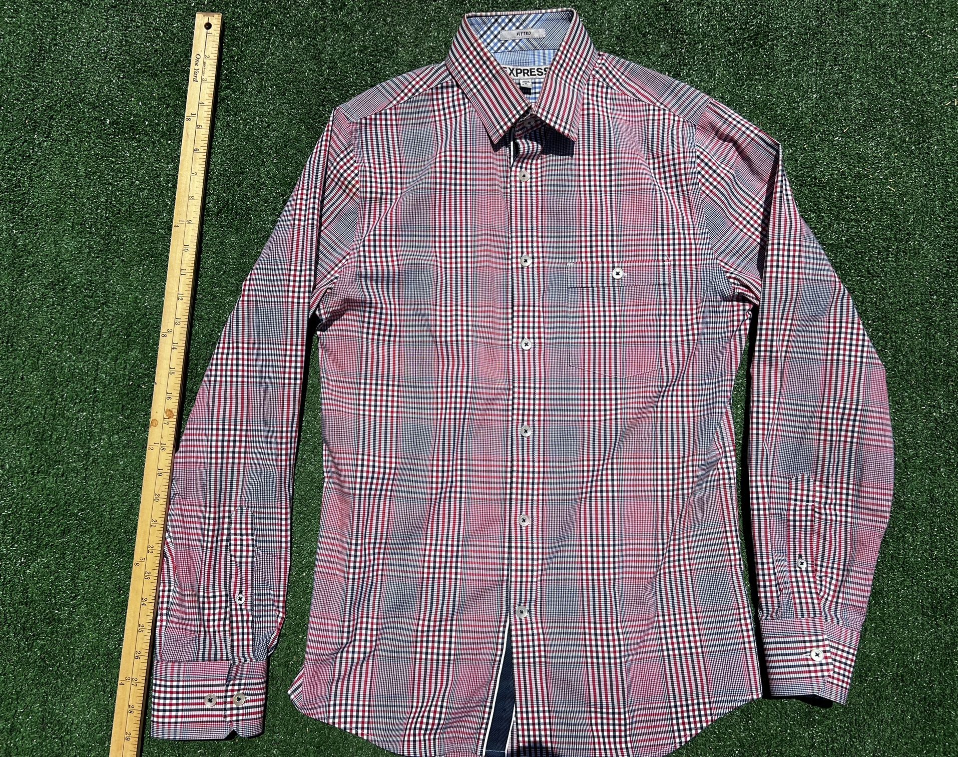 Express Men's Plaid Dress Shirt in Red and Blue - Size Small