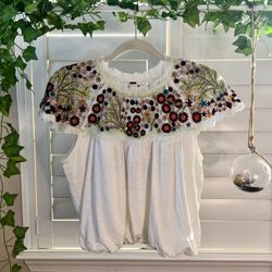 Free People High Neck Floral Tulle Bubble Shirt White XS