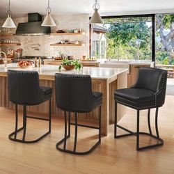 26 in. Black Faux Leather Upholstered Counter Height Bar Stool with Double Cushion Counter Stool Set of 3