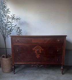 Vintage Inlaid Mahogany Dresser | 3-Drawer Chest on Turned Legs