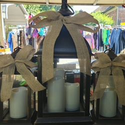 3pc set of decorative HSN lanterns with burlap bows, flameless candles, 5 sets of decor INCLUDED 