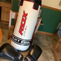 RDX JPW 4W Robo Kids boxing bag like new 2 foot tall with chains for easy hangin and pair of Century Kick boxing gloves like new 14 ounce gloves with 