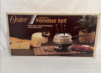 New Oster Electric Fondue Set Porcelain-Clad Pot Forks Ring Vintage retro mid century kitchen dining
