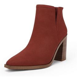 Size 7 Women Chunky Block Stacked Mid Heel Ankle Boots Back Zipper Cut Out Pointed Toe Cosy Booties