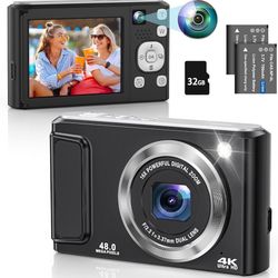 4K Digital Camera, 48MP Autofocus Vlogging Camera with Dual Camera, Flash, Anti-Shake, 16X Digital Zoom Point and Shoot Camera for Teens Boys Girls