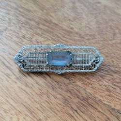 Silver-Tone Filigree Brooch with Blue Glass Stone