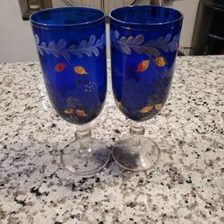 2 Hand painted Colbalt Blue Stemmed Glasses