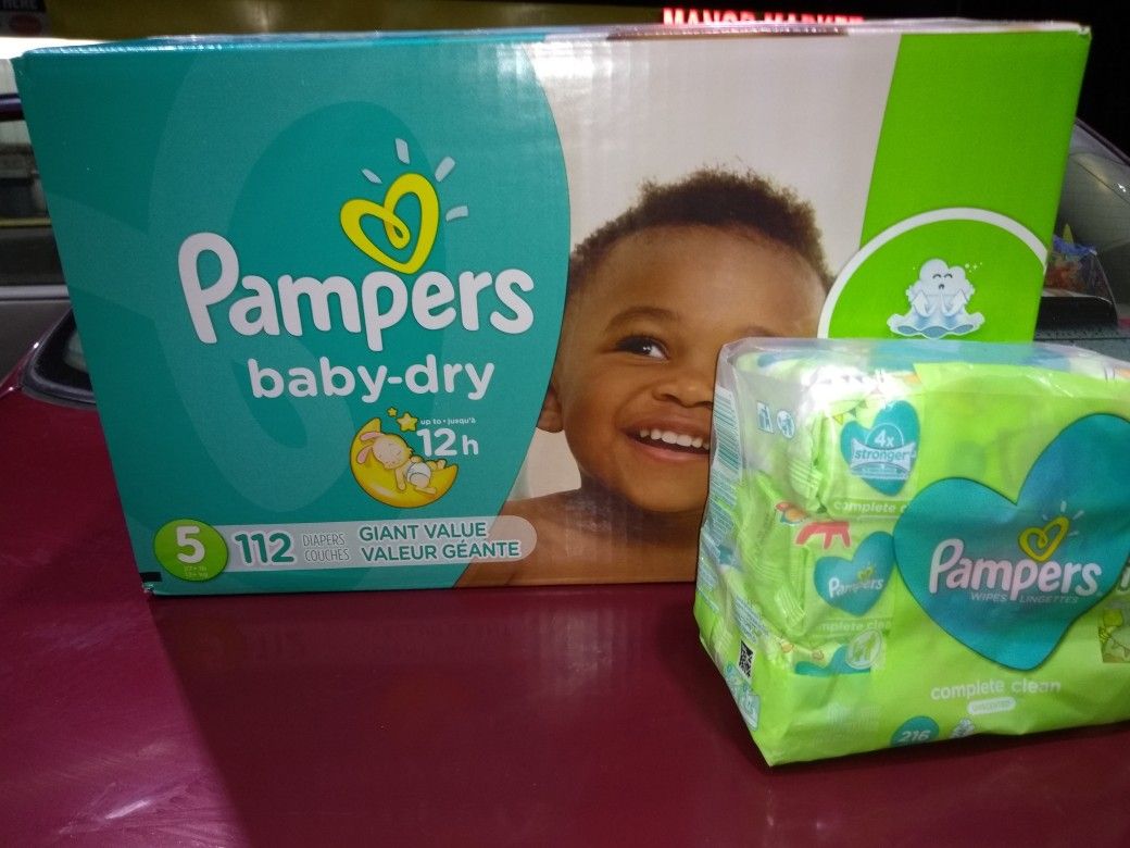 Pampers size 5. 112 diapers and wipes