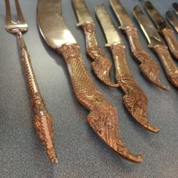 Solid Brass Golden NAGA Asian Flatware Dragon Head Vintage Service For 8 Singapore 