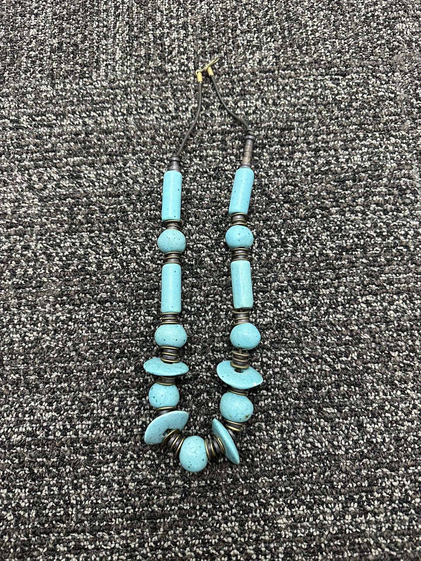 Southwestern Turquoise Color Beaded Necklace Brass Spacers Boho Tribal Style