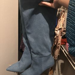 Wide Calf Knee-High Denim Heels 9.5 U.S 