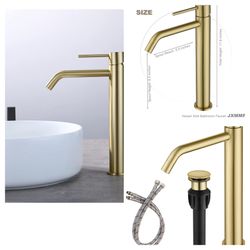 Brushed Gold Vessel Sink Faucet with Pop Up Drain and Supply Lines, Stainless Steel Gold Vanity Faucet Single Hole, JXMMP Single Handle Bathroom Fauce