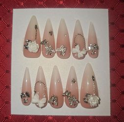 Press-On Nails | X-Long Stilletto | White & Beige Ombre with White & Silver Charms (#10)