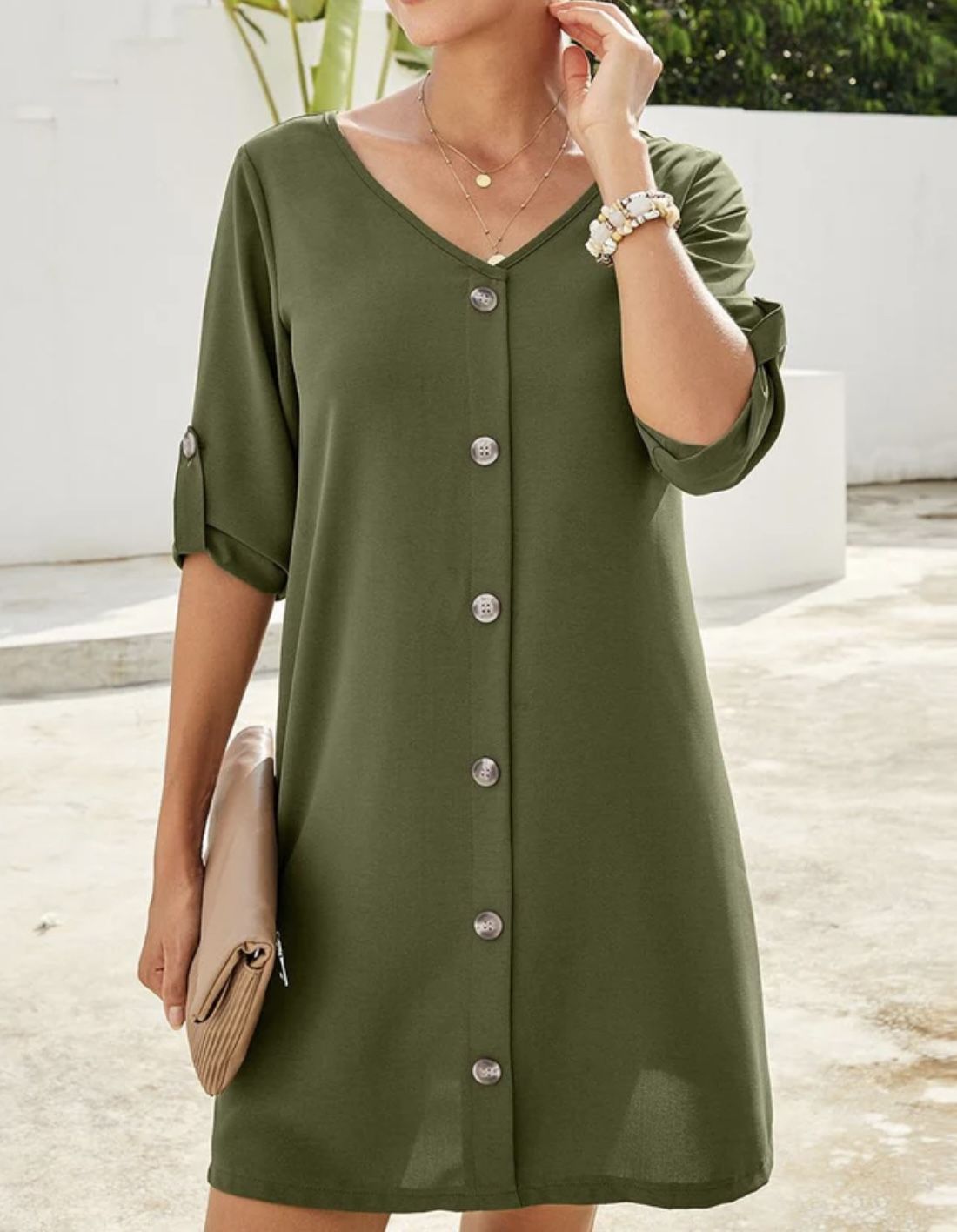 Olive Green Tunic Dress with roll-up sleeves and a button-down front