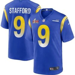 Brand New Los Angeles Rams Jersey Matthew Stafford Blue With Super Bowl Patch Kids Youth Sizes Medium, Large