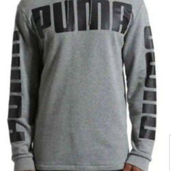PUMA REBEL THREE STACKS MEN'S HOODIE SWEATER  SIZE MEDIUM HEATHER DARK GRAY REGULAR FIT PUMA BIG LOGO FRONT AND ON SLEEVES BRAND NEW WITH TAGS .