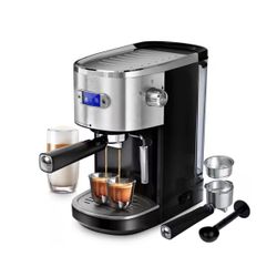 2-Cup Silver Stainless Steel All in 20-Bar Semi-Automatic Espresso Machine with Led Display and Steam Milk Foam