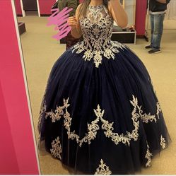 navy blue and silver quinceanera dress
