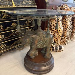 HEAVY Maitland Smith - Erin Lane Bronze Metal Elephant & Round Beveled Glass. Un Signed End, Side, Accent Or Coffee TABLE. See Chairish & Etsy Prices