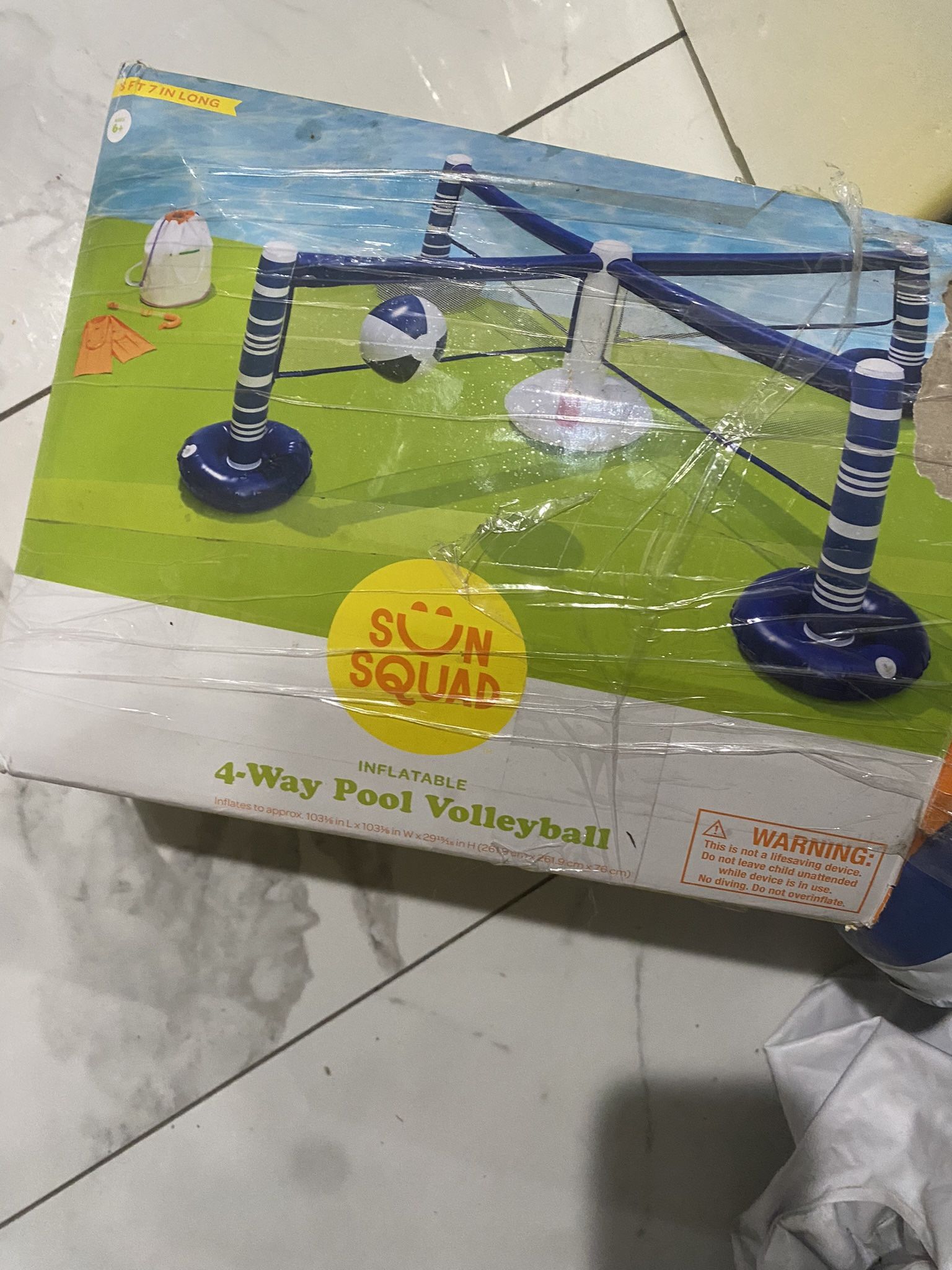 Sun Squad Inflatable 4-Way Pool Volleyball 8’ 7”Long Float Ball Ropes Rep. Patch