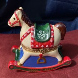 Ceramic Mr. Christmas Rocking Horse Hinged Music Box. Plays Jingle Bells. 