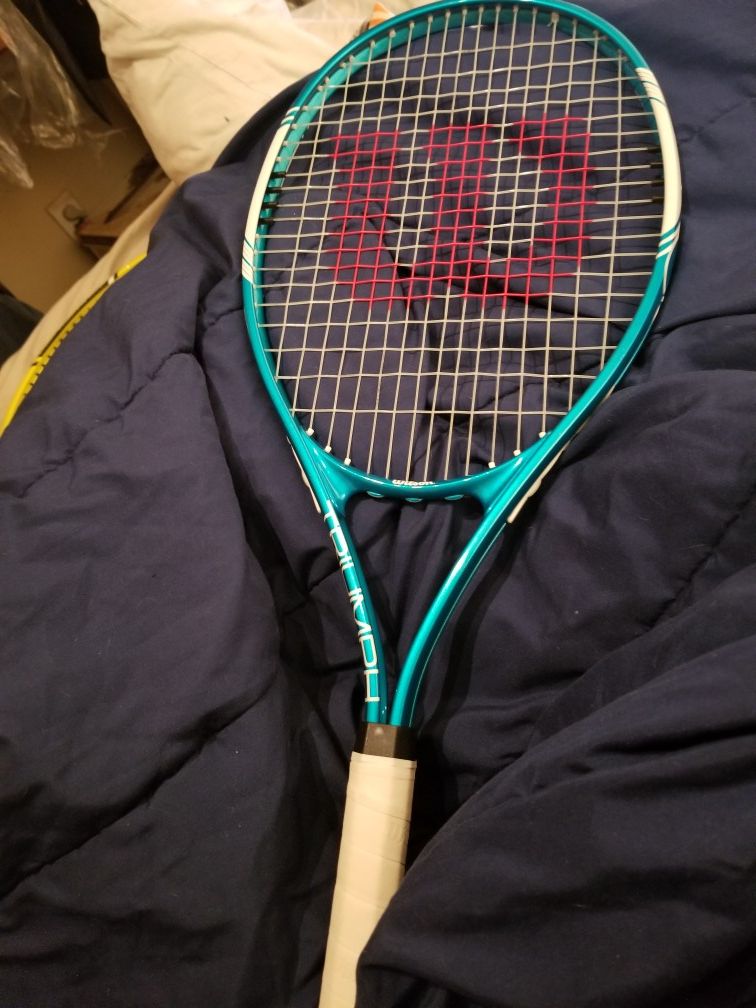 Wilson Triumph Tennis Racket with blue head & pristine white handle.