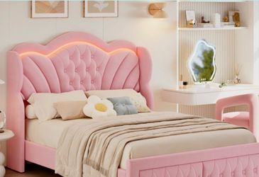 Princess pink upholstered queen bed frame led
