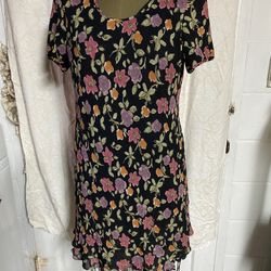Vintage 1990's black FLORAL rayon dress w/2-tier hem by Liz Claiborne