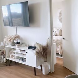 Modern TV Stand With 1 Storage And 2 Shelves Cabinet - White Wood 