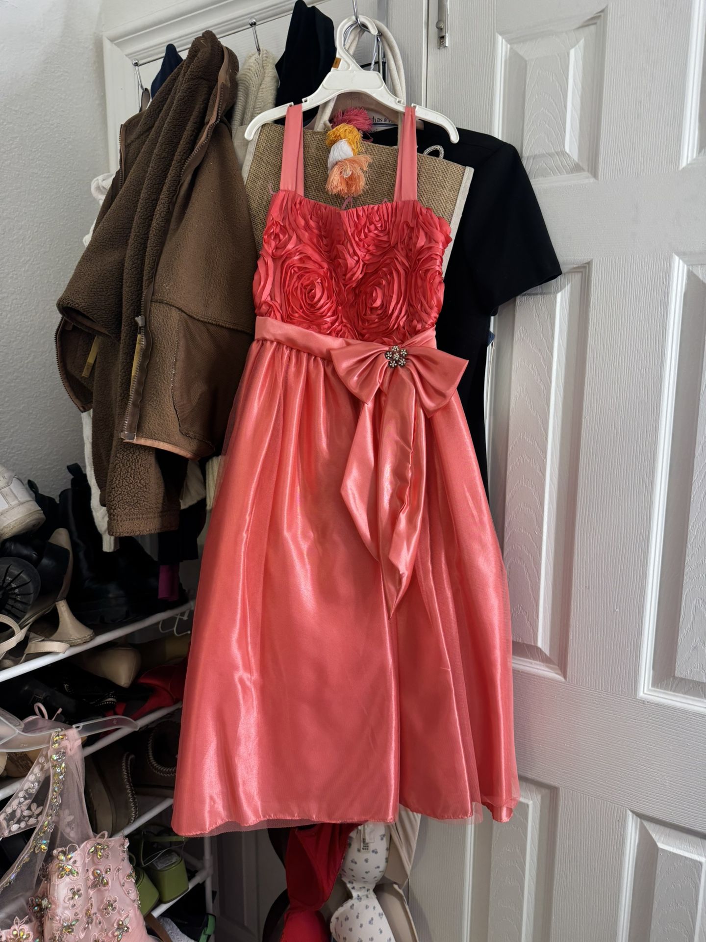 Vintage Girls Pink and orange dress with bow and rosette detail