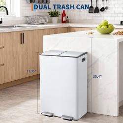 Dual Trash Can, 16 Gal (2 x 30 l) Stainless Steel Kitchen Garbage Can with Lid and Inner Bucket, Double Compartment Trash and Recycle Bin Combo with S