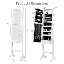 Jewelry Armoire with 18 LED Lights, Standing Jewelry Organizer with Full-length Mirror & Built-In Mirror