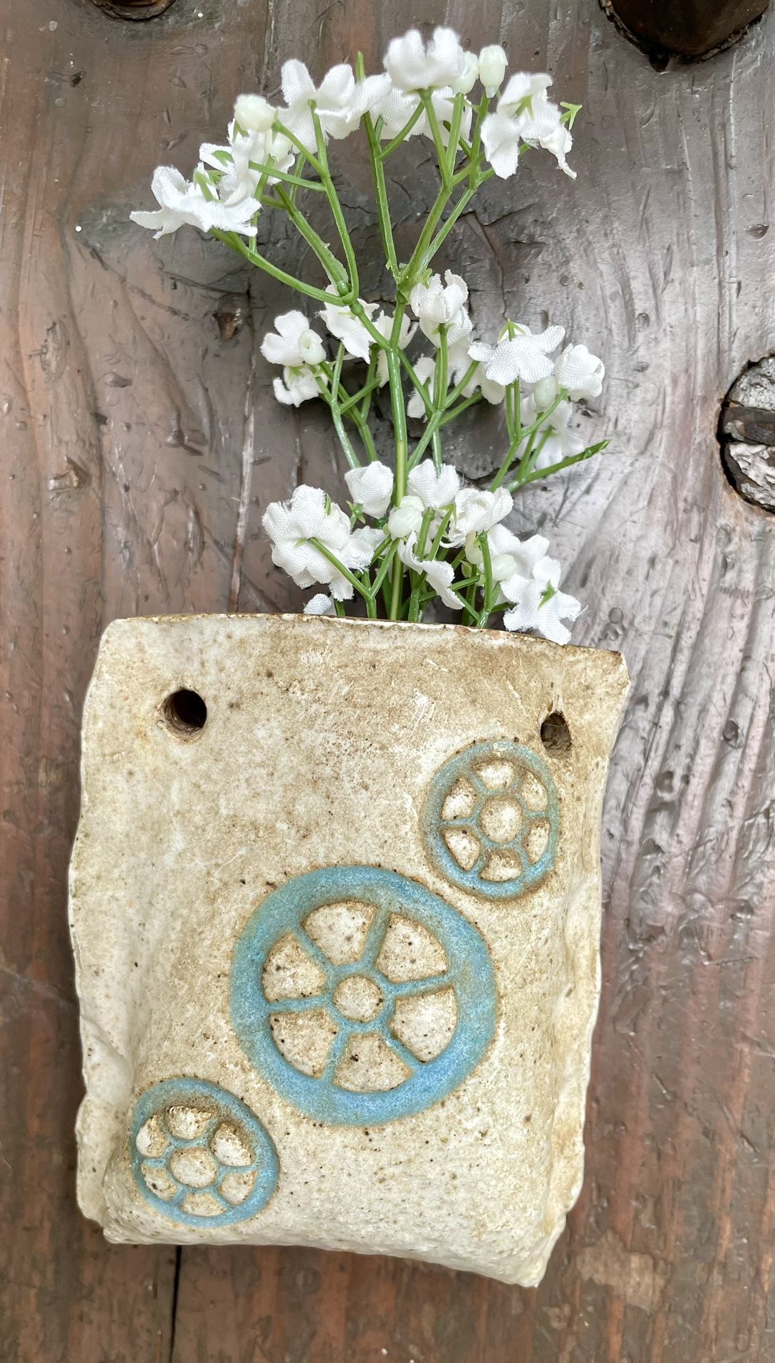 Artisan made signed clay glazed wall pocket for flowers