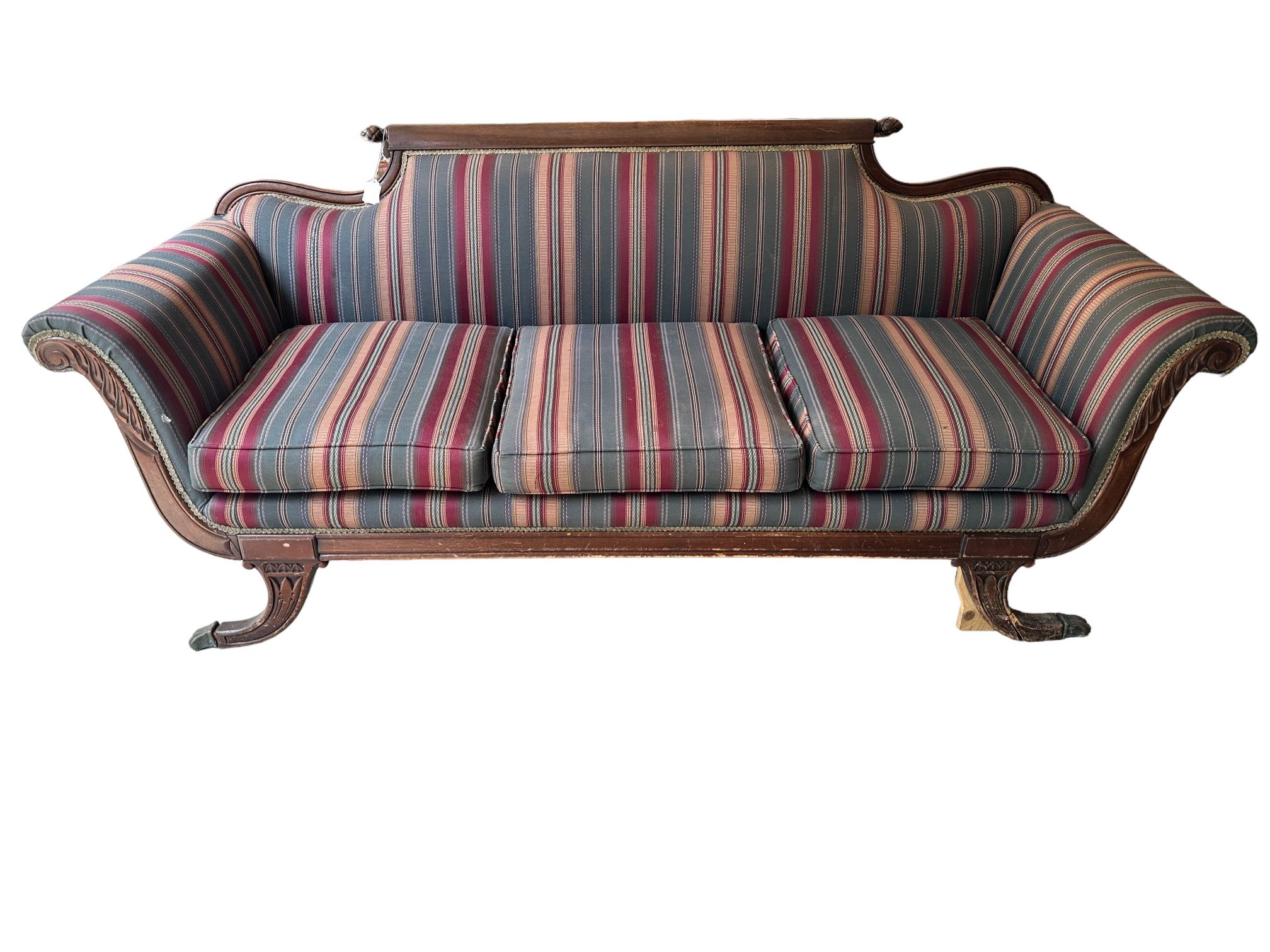 Duncan Phyfe Style Sofa 90s Style Striped Upholstery Green and Burgundy
