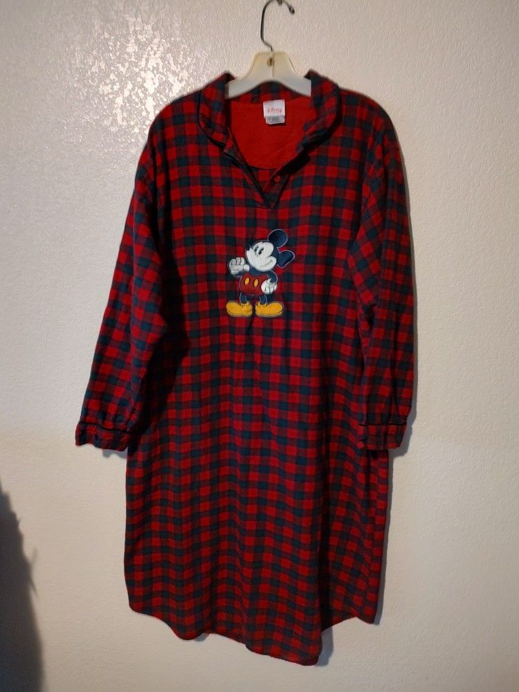 Disney Mickey Flannel Pajamas Nightgown XL Red Plaid Cotton 