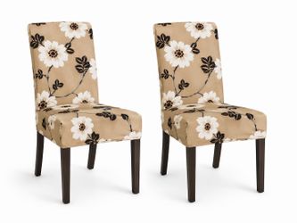 Set of 4 Stretch Floral Dining Chair Slipcovers – Beige/Tan with White Flowers – Universal Fit