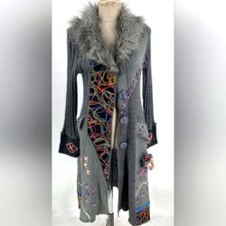 NEW Designer Papillon Gray Knit Woven Wool Fur Colorful Cardigan Jacket Coat M