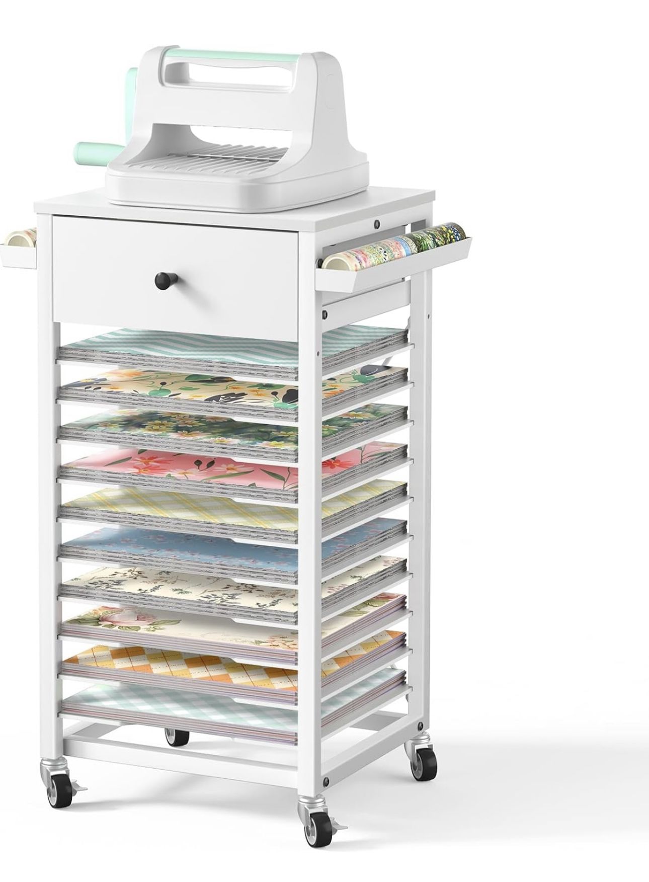 12x12 Paper Storage Organizer-10 Tier File Rolling Storage Cart with Drawer Crafting Table Organization Workstation for Craft Room Home