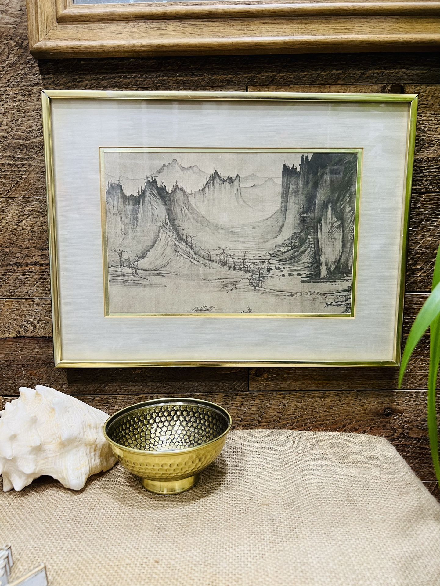 Vintage Art Print Xu Daoning Fishermans Evening Song Nature Scene Black White Mountain Boat Gold