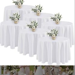 6 Pack White Round Tablecloths - 120 Inches in Diameter - Stain Resistant and Washable Table Clothes, Polyester Fabric Table Covers for Wedding, Party