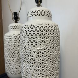 Mid-Century Vintage Reticulated Chinoiserie Porcelain Blanc De Chine Table Lamps - a Pair