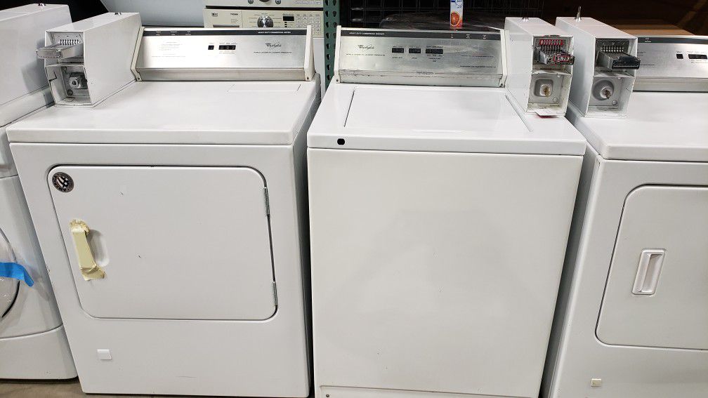 WHIRLPOOL COMMERCIAL COIN OPERATED WASHER AND GAS DRYER SET
