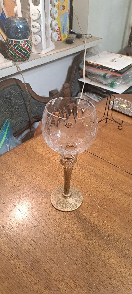 Beautiful 12" Tall Ribbed Glass Goblet Candle Holder W/Gold Frosted Stem