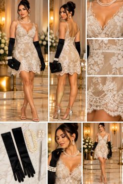 Champagne Lace Mini Dress with Spaghetti Straps