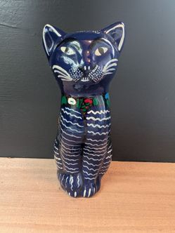 Vintage Blue Mexican Folk Art Pottery Hand Painted Cat